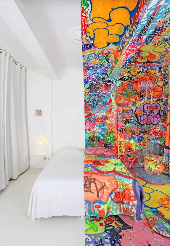 Half White Half Graffiti Hotel Room